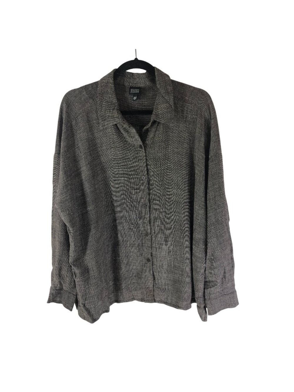 Eileen Fisher Womens Button-Down Shirt Gray L Linen Blend Oversized Relaxed Fit